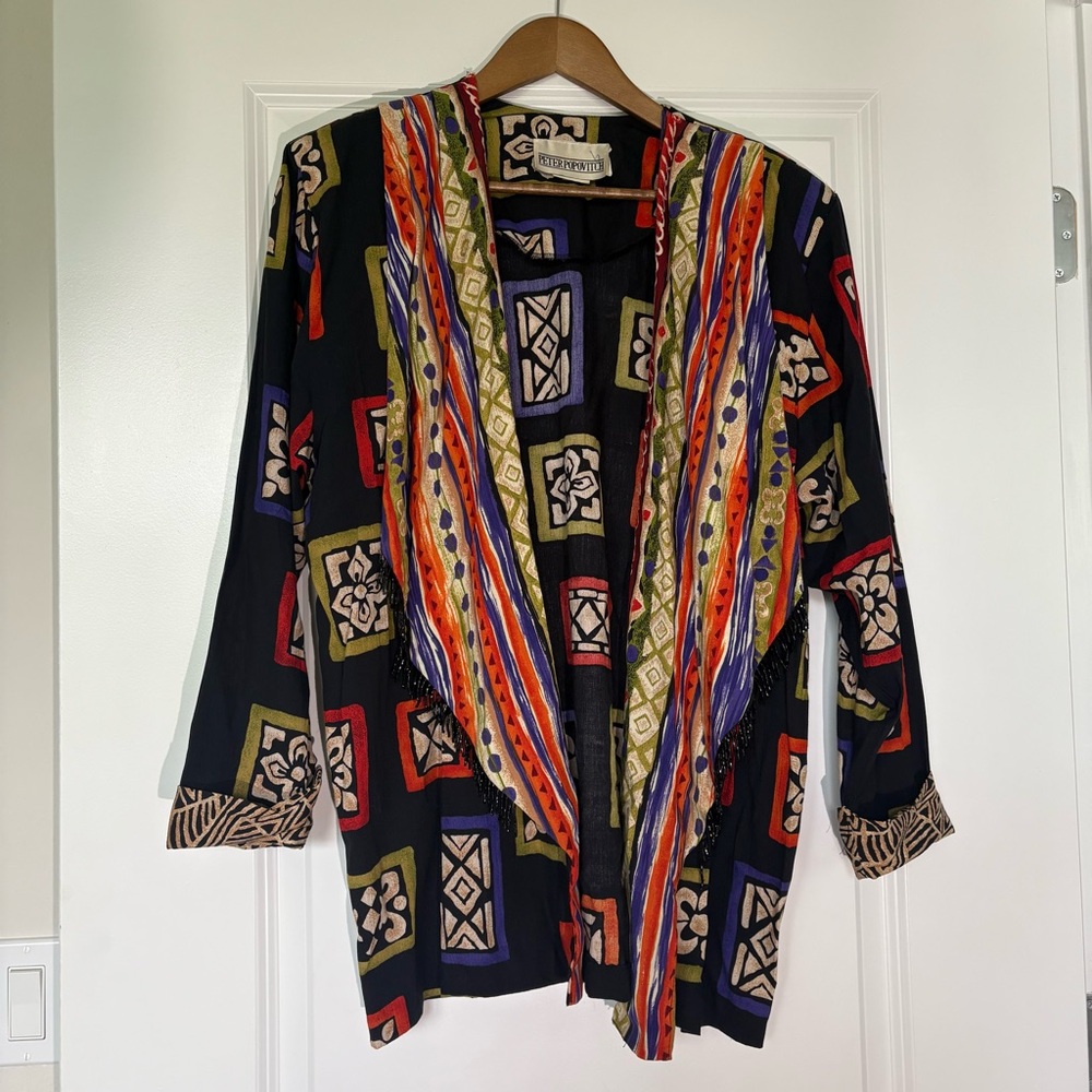 Vintage Peter Popovitch Boho Kimono Jacket Women’s Small Black 90s made in USA